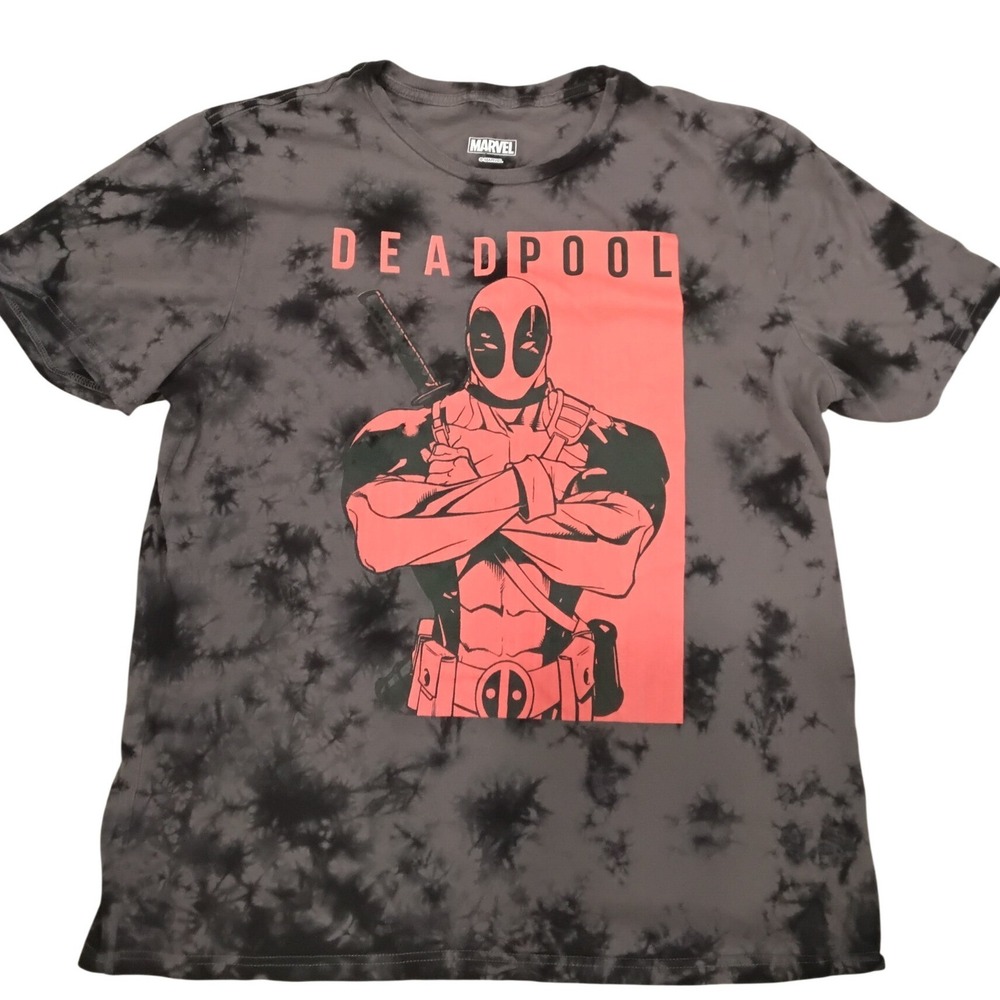 Marvel‎ Deadpool Tie Dye Graphic T-Shirt Mens Grey Black Red Short Sleeve Tee